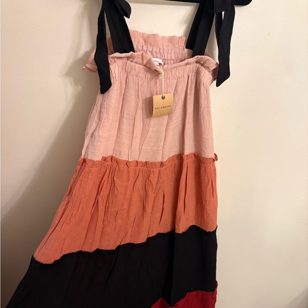 Blu Pepper Pink, Coral & Black Tiered Maxi Dress with Tie Straps